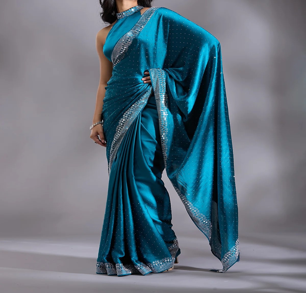 Blue Stonework Satin Saree