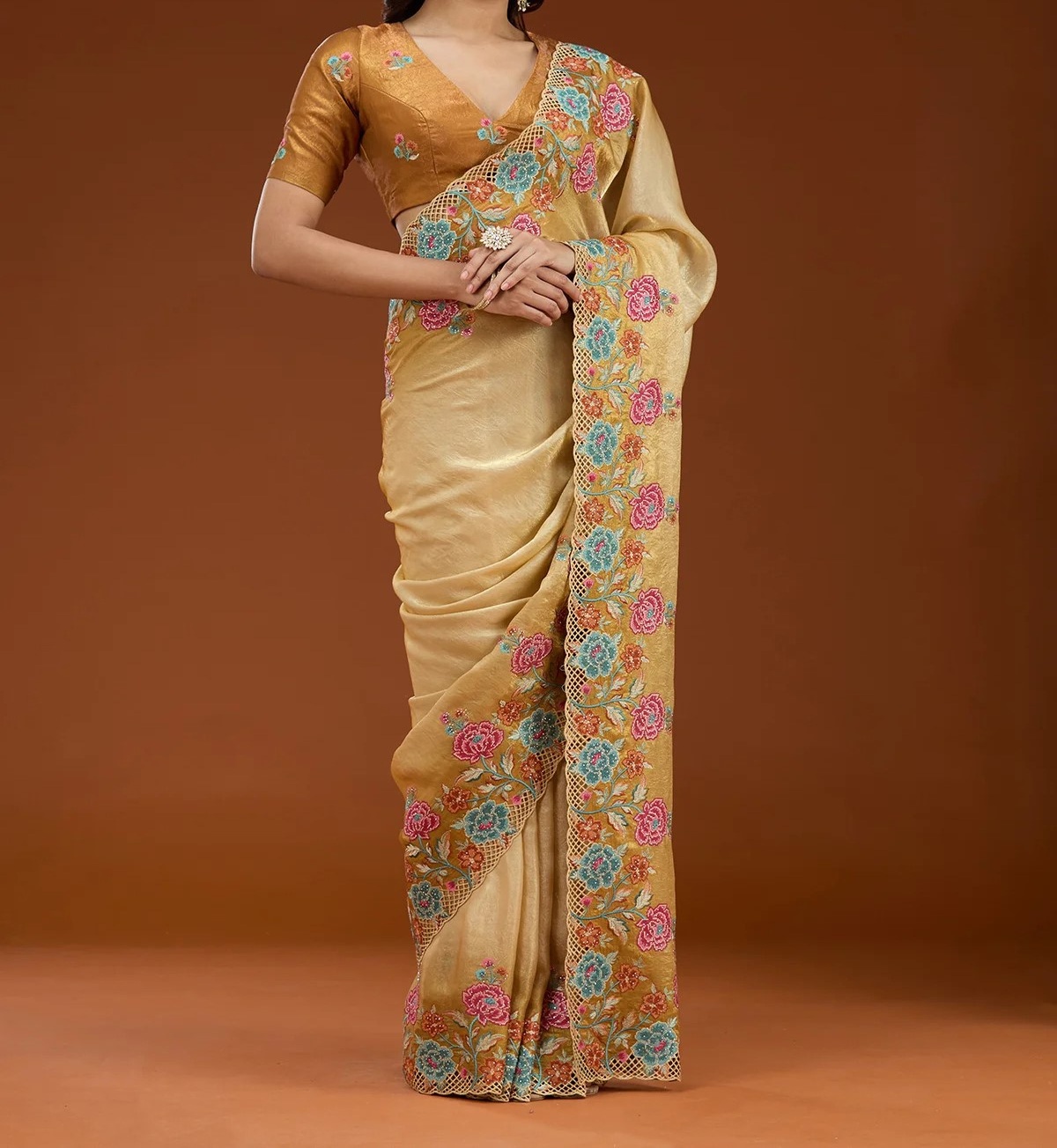 Mustard Threadwork Tissue Saree
