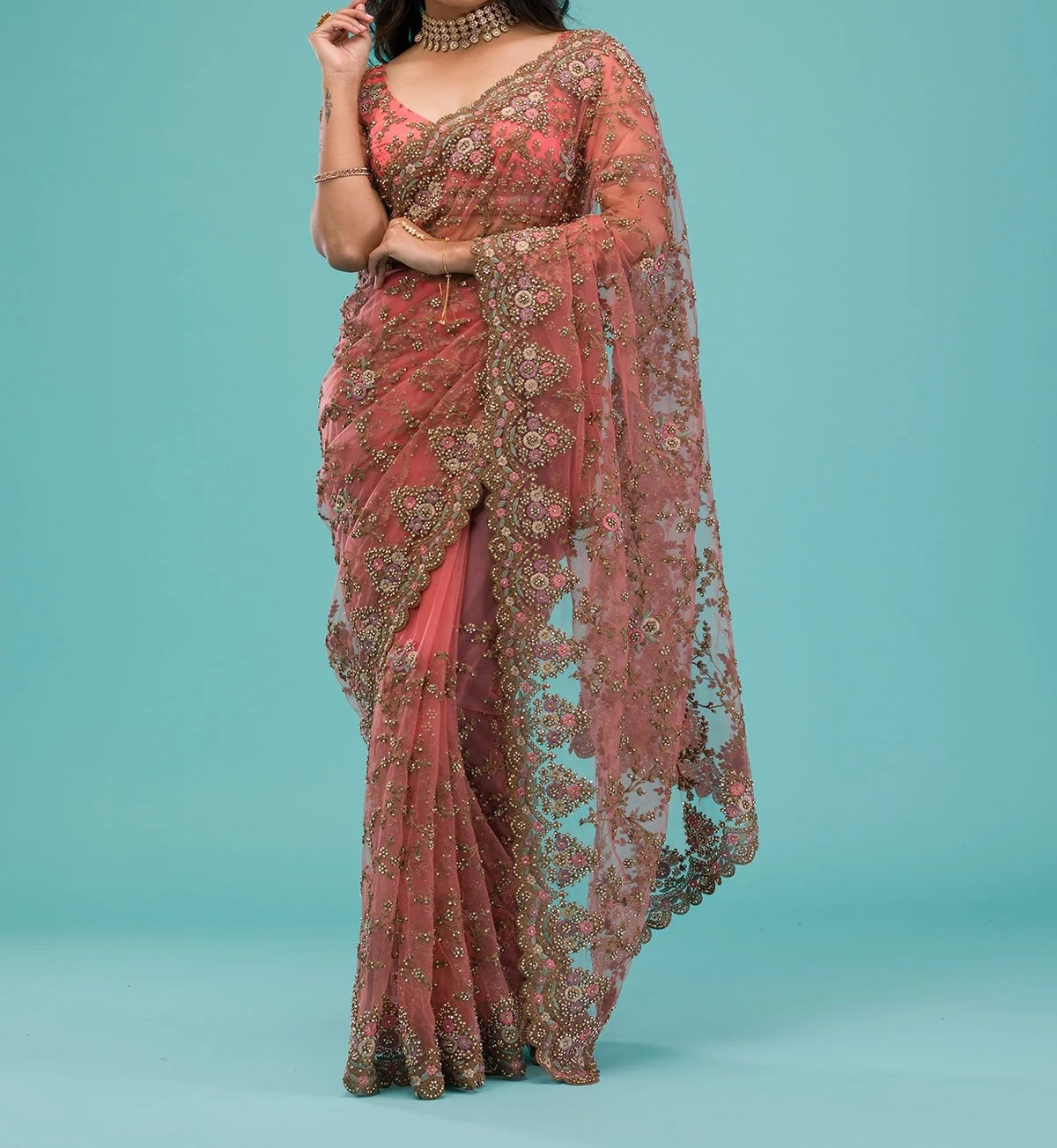 Peach Zariwork Net Saree