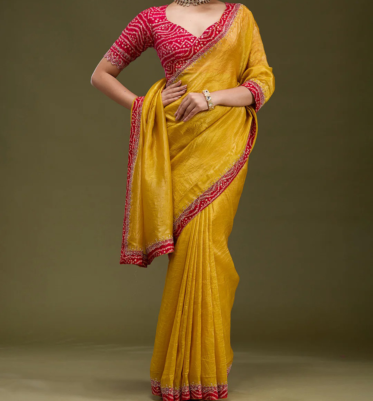 Mustard Printed Satin Saree