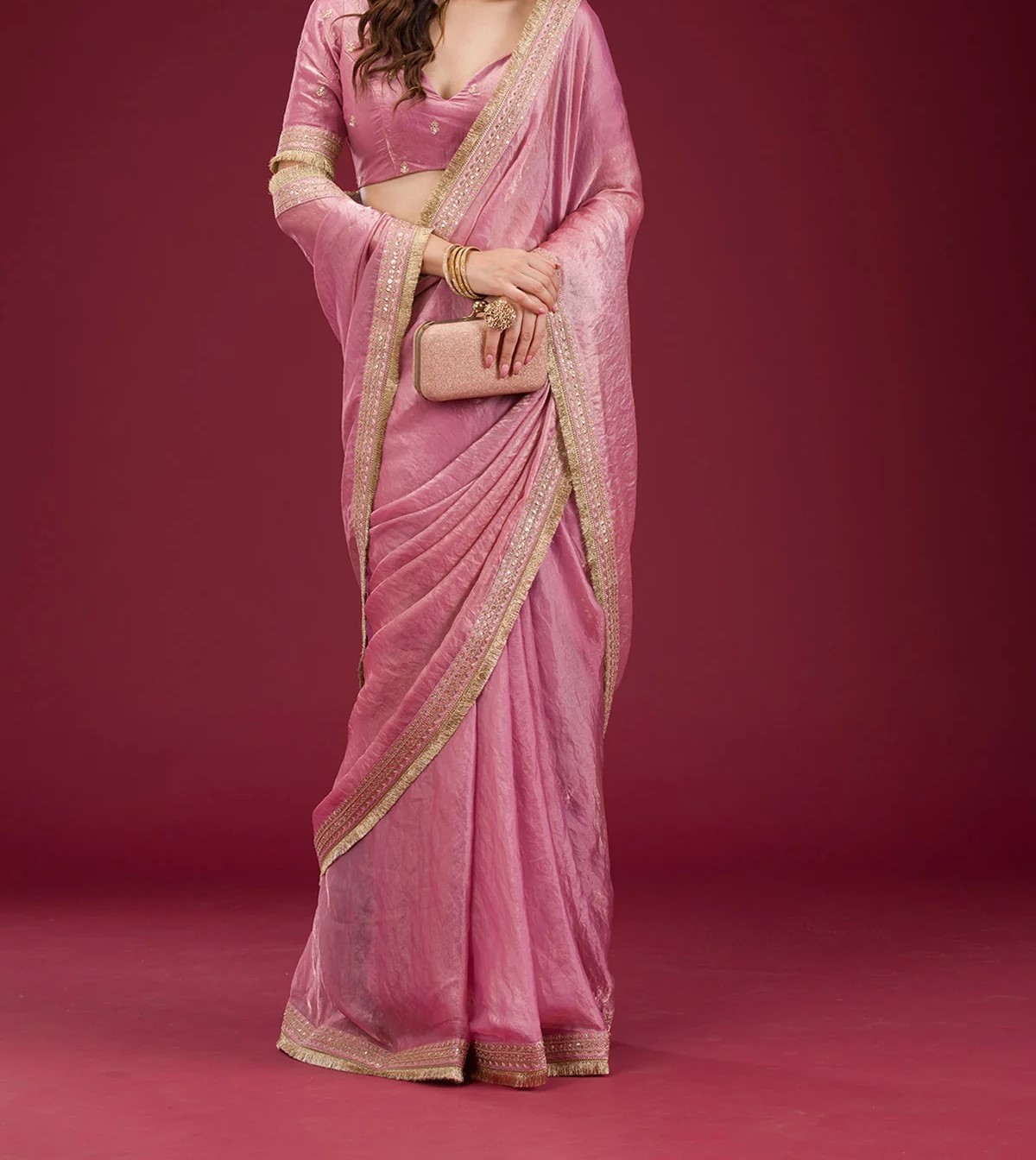Onion Pink Threadwork Tissue Saree
