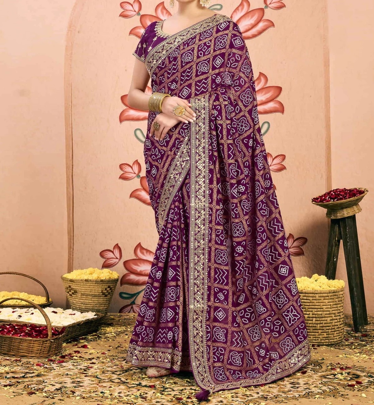 Purple Georgette Sequence Bandhani Saree