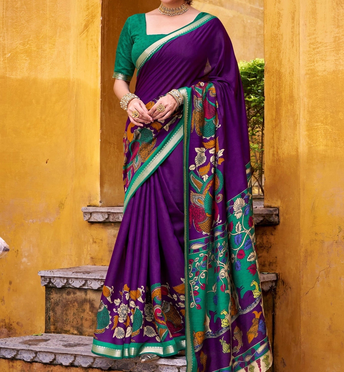 Purple and green chanderi saree