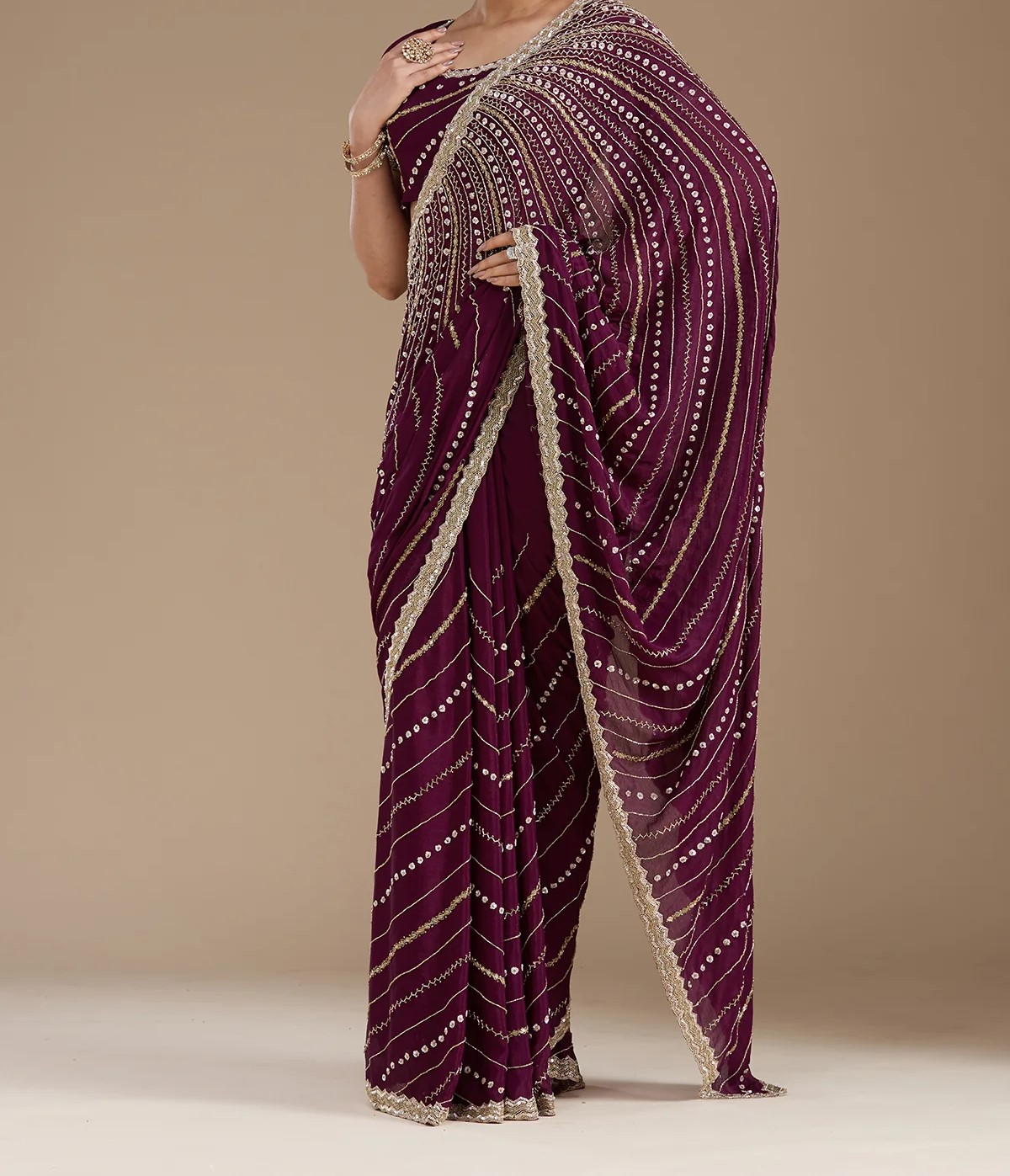 Wine Aariwork Satin Saree