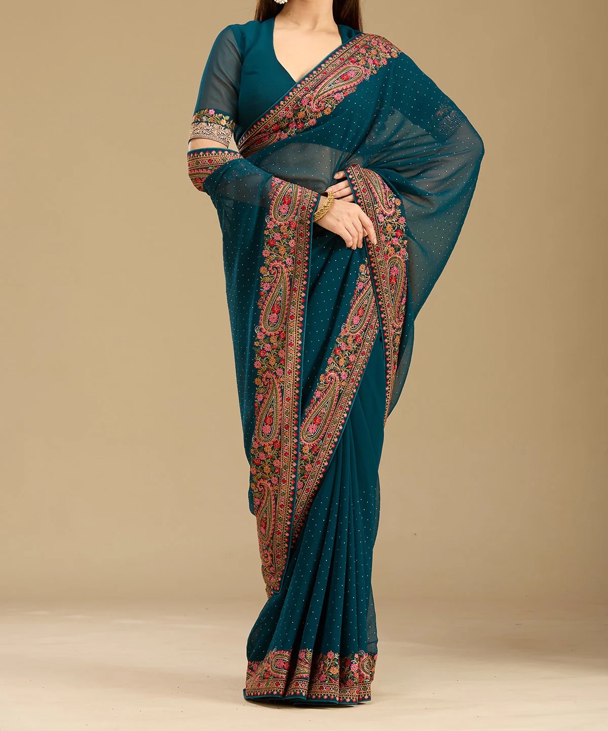 Peacock Blue Kashmiri Georgette Saree