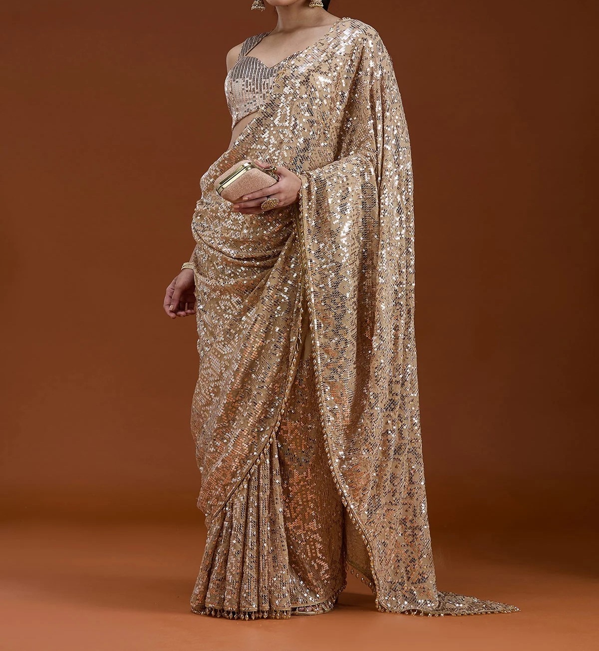 Beige Sequins Georgette Saree