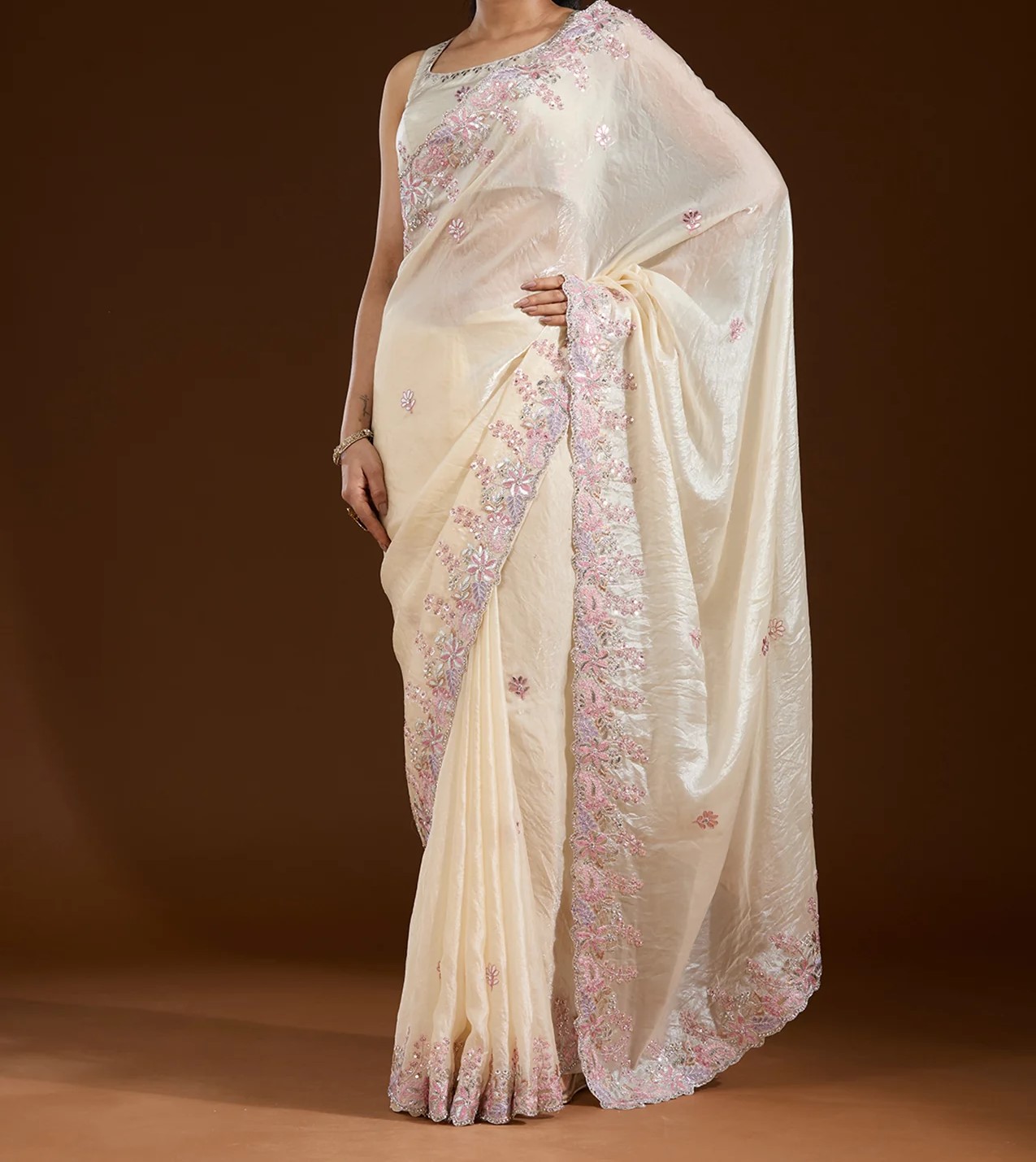 Cream Gotapatti Satin Saree