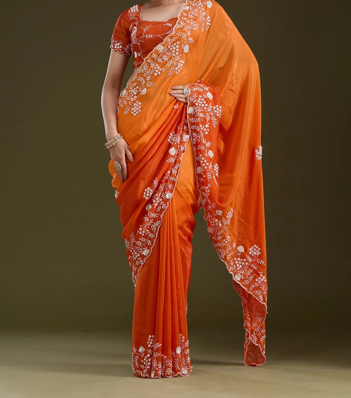 Orange Aariwork Satin Saree