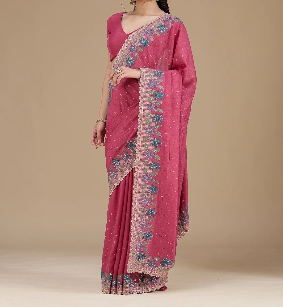 Pink Threadwork Soft Raw Silk Saree