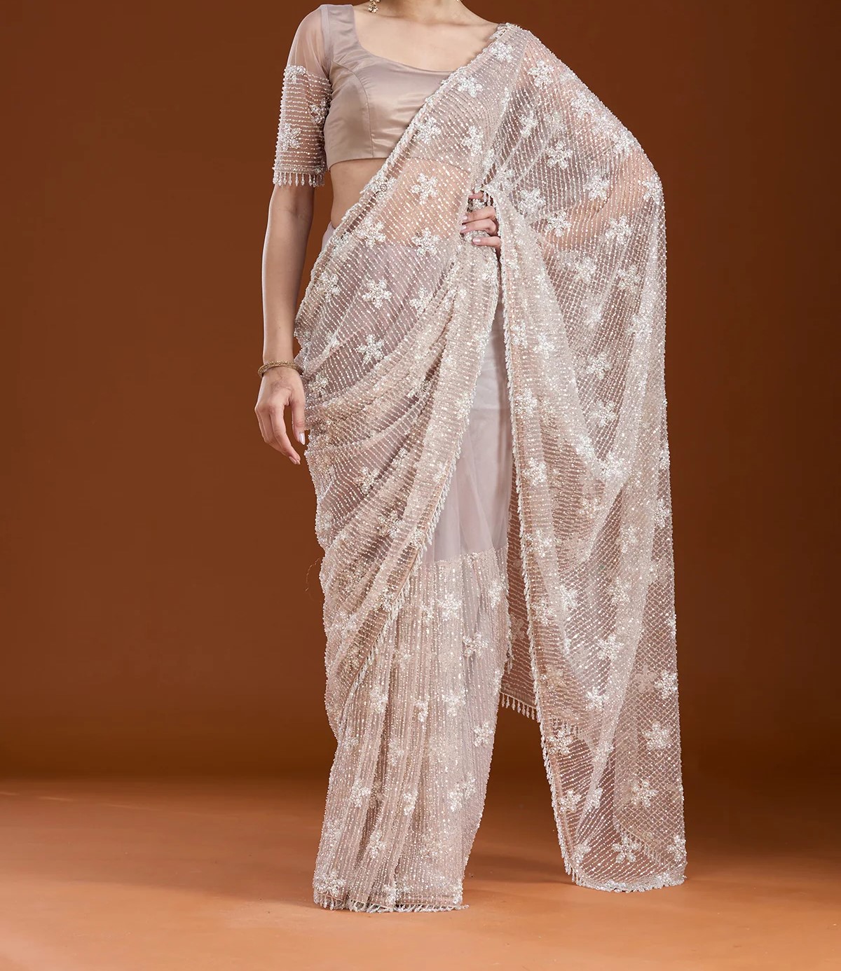 Beige Sequins Net Saree
