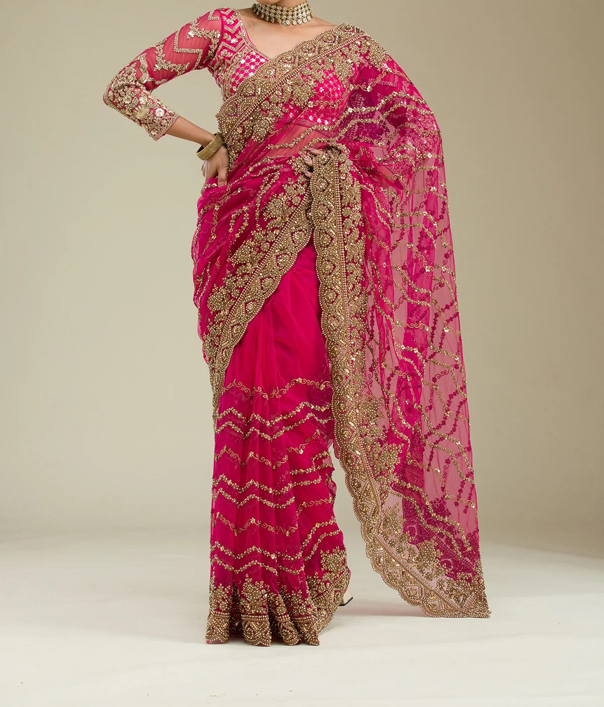 Rani Pink Stonework Net Saree