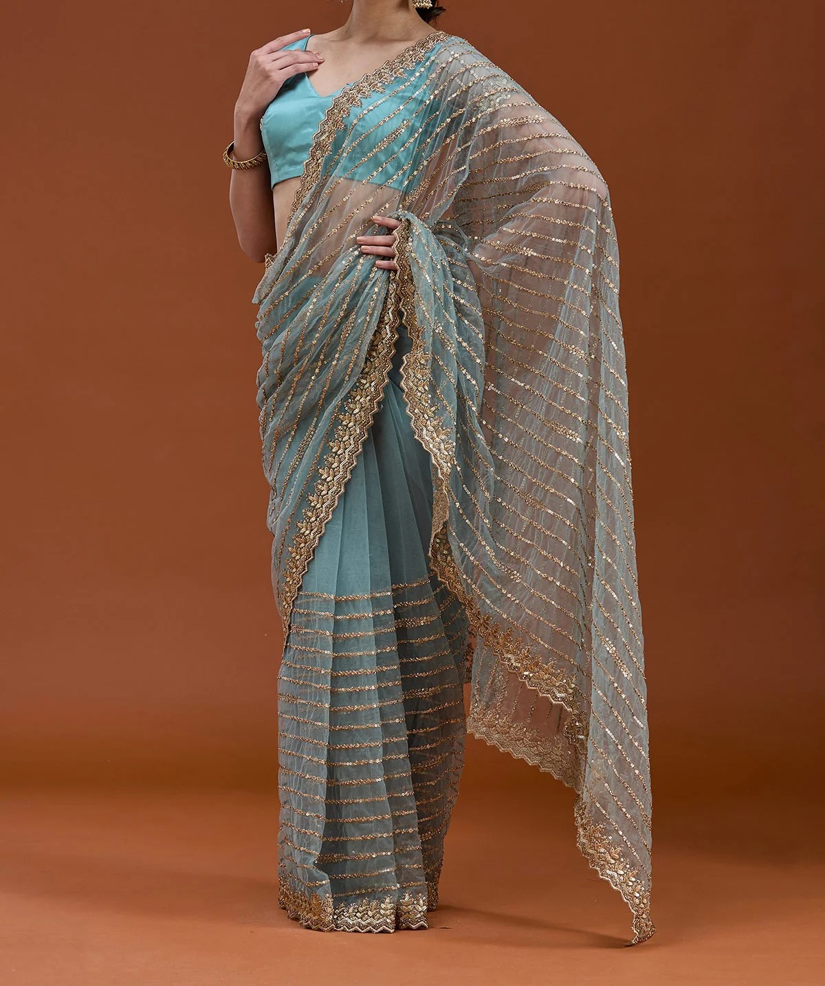 Sea Green Sequins Net Saree