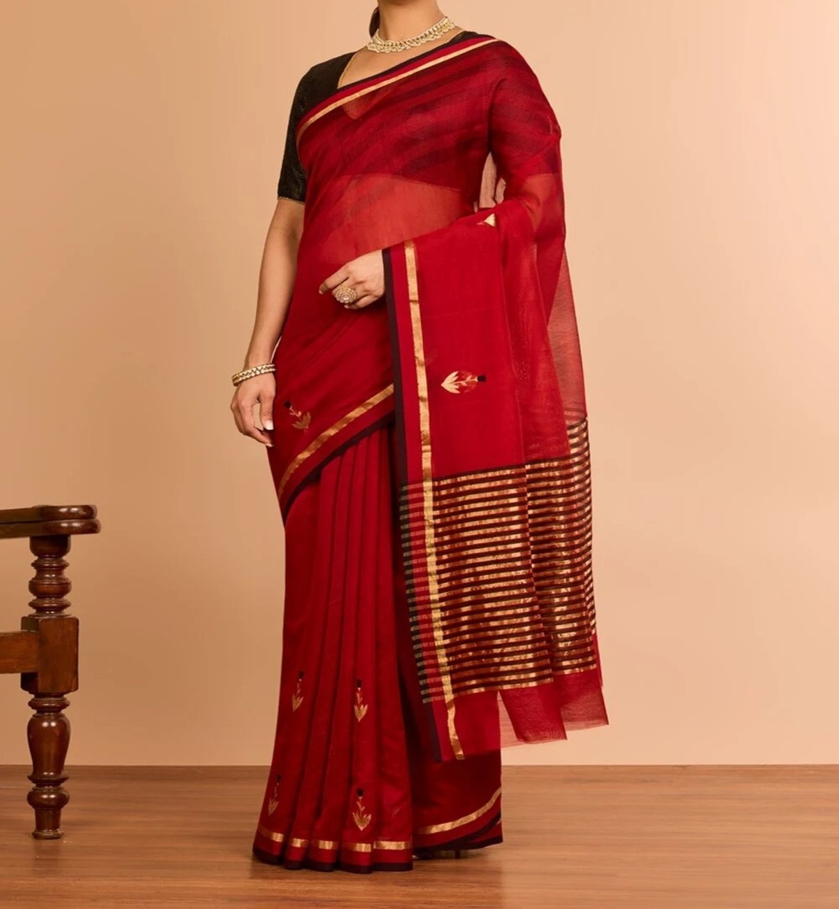 Red Silk Cotton Chanderi Saree