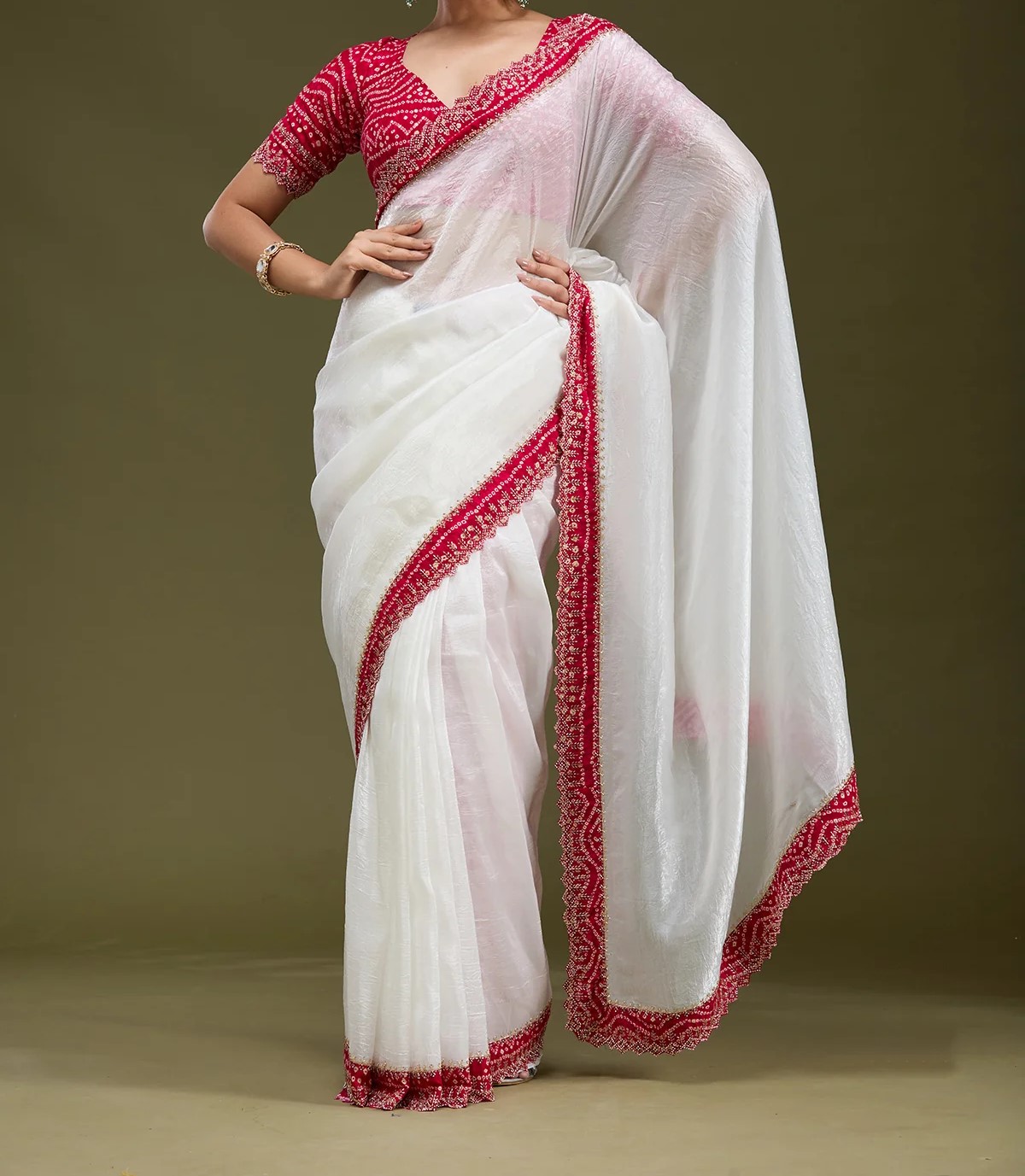 White Printed Satin Saree
