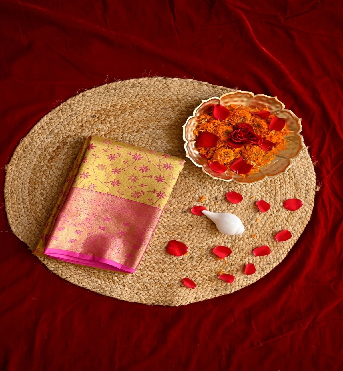 Gold and Pink Contrast Kanjivaram Silk Saree