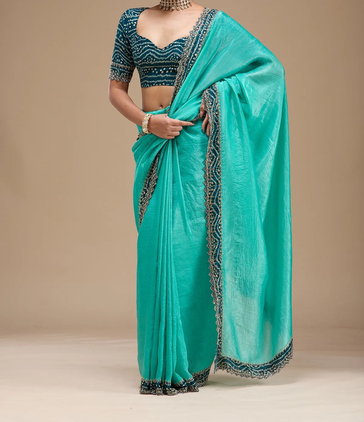 Sea Green Printed Satin Saree