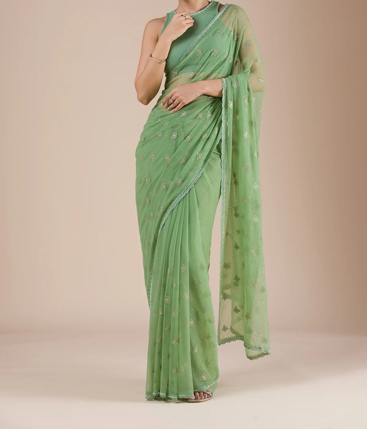 Pista Green Threadwork Chiffon Saree