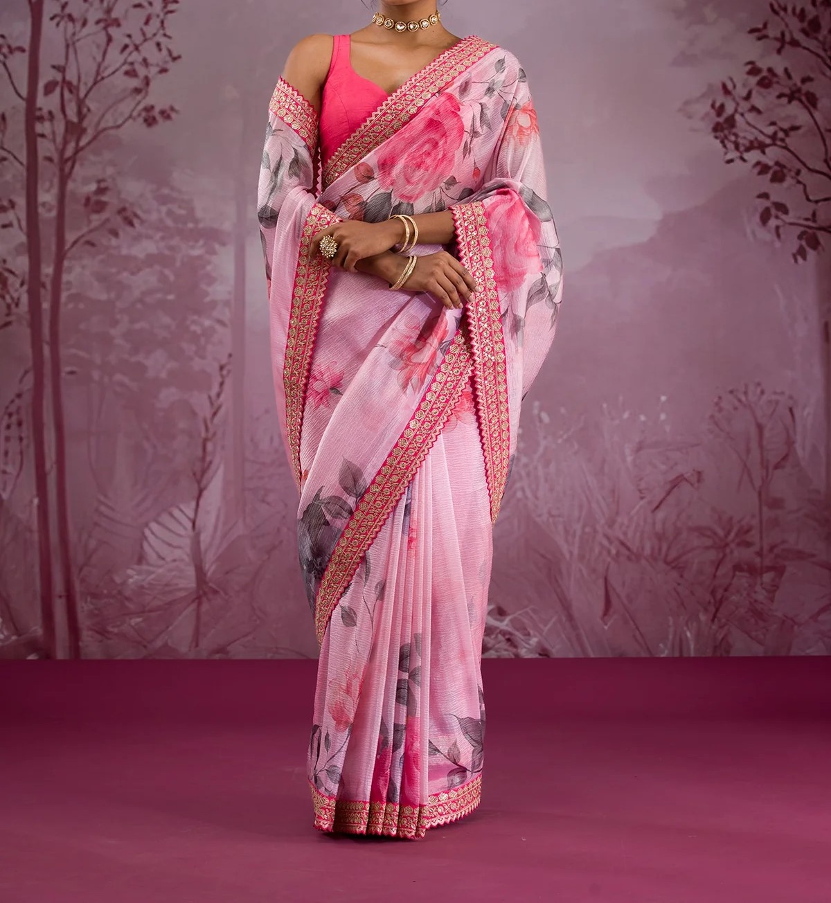 Pink Printed Georgette Saree